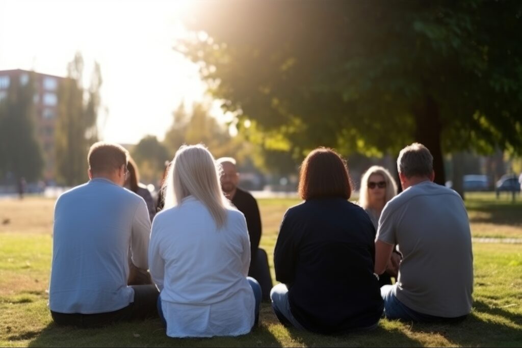 Image of people talking at park.